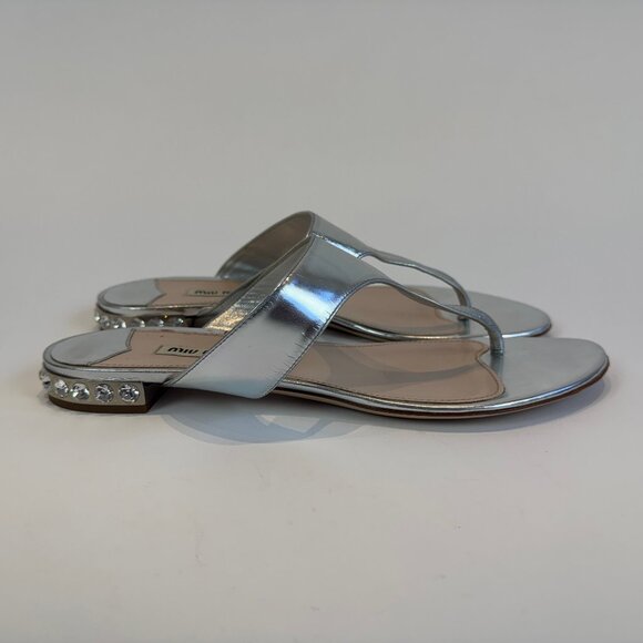 Miu Miu Metallic Silver Sandals with Rhinestone Heel Design, Size 41 EU - Picture 4 of 16